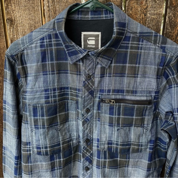 G-Star Raw Men’s Attacc Blue Cotton Plaid Long Sleeve Button Down Shirt Sz M - Picture 8 of 15